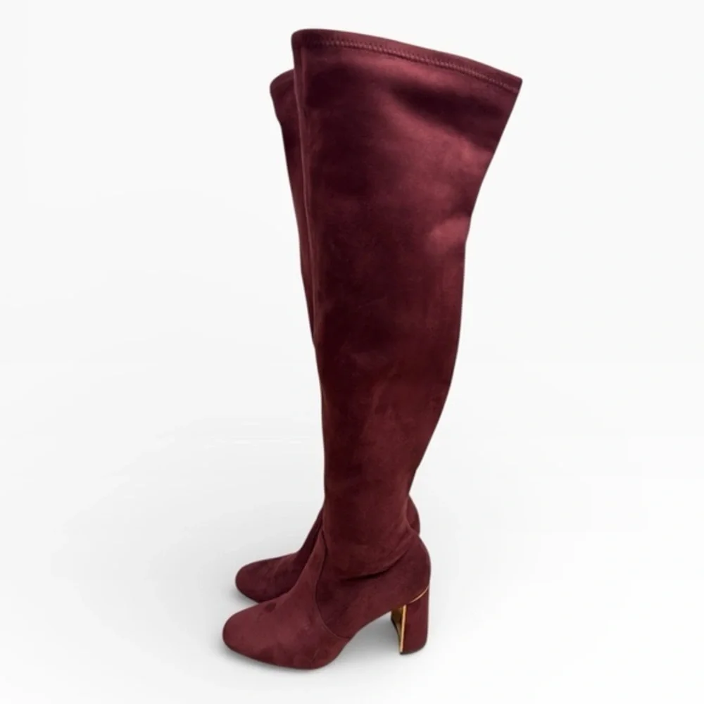 BCBGeneration Aliana Burgundy Over The Knee Stretch Boots Gold Heel Womens US 8